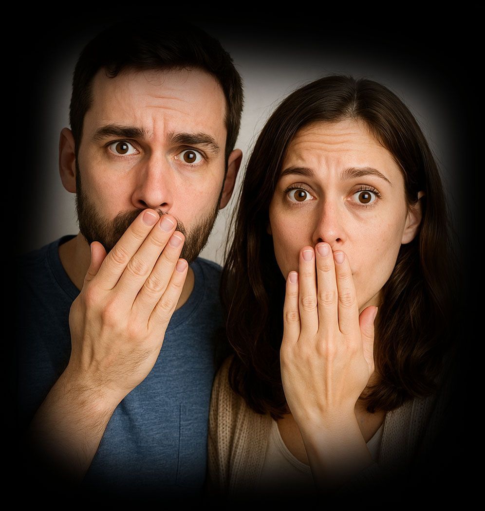 Man and woman together covering their mouths with their hands because of bad breath halitosis