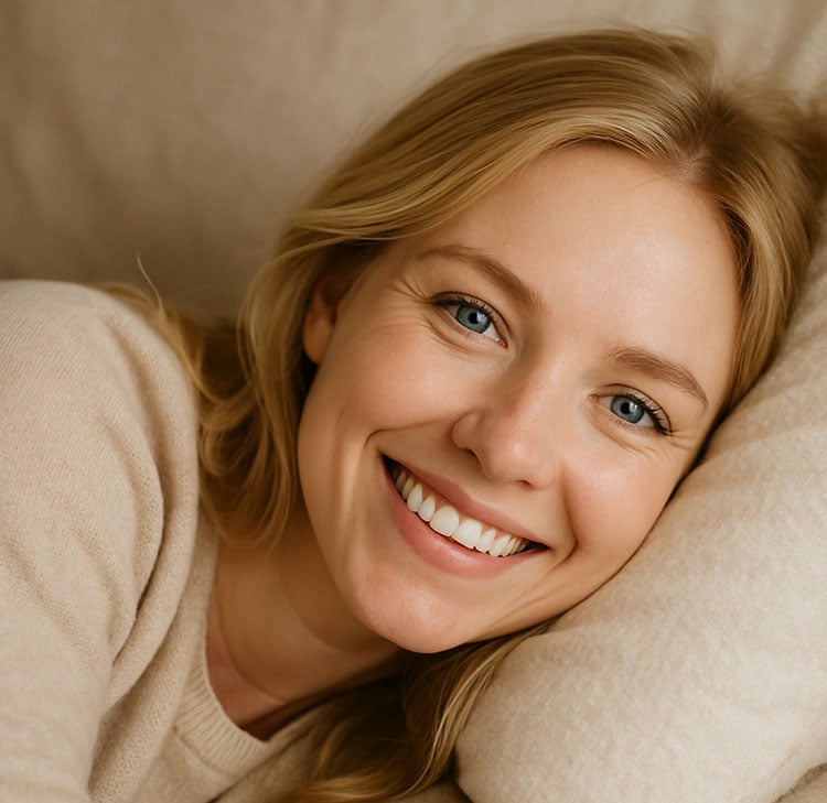 Cmiling woman with blonde hair and blue eyes lying on a comfy pillow